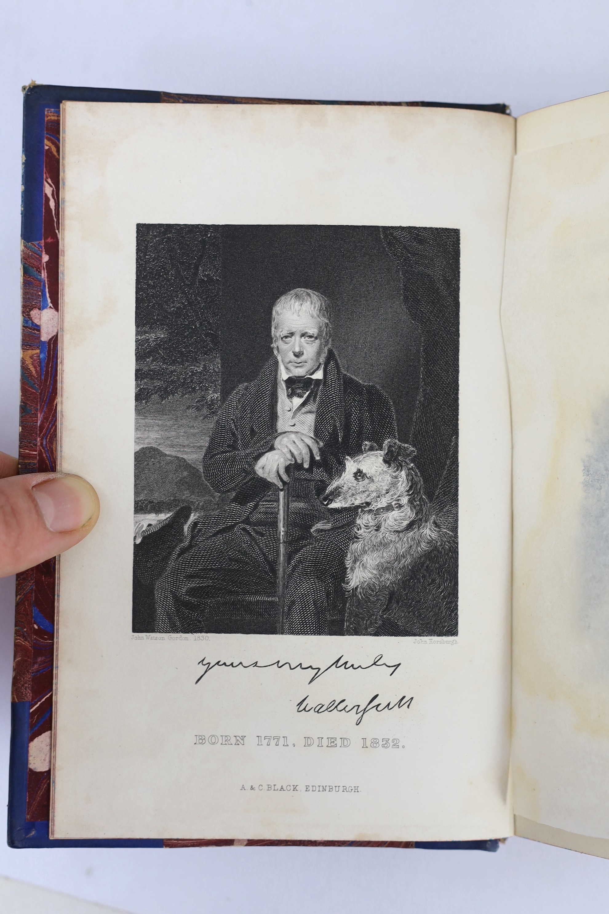 Scott, Sir Walter - [The Waverley Novels] - Centenary edition, 25 vols, 8vo., contemporary blue half-morocco over marbled paper boards, with engraved frontispieces and title vignettes, Adam and Charles Black, Edinburgh,
